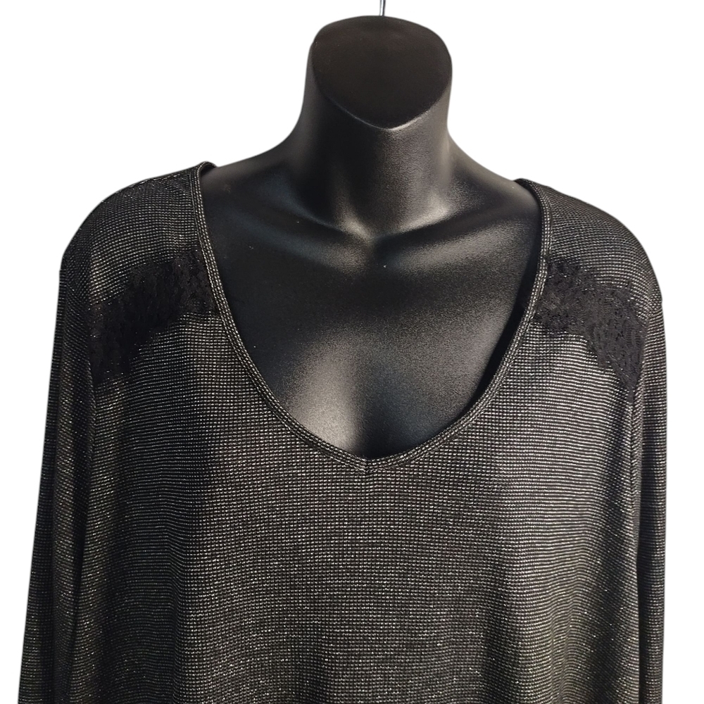 COMO Vintage Blouse Women's Black Silver Metallic V-Neck Lace Trimmed Sz 3X - Picture 3 of 11